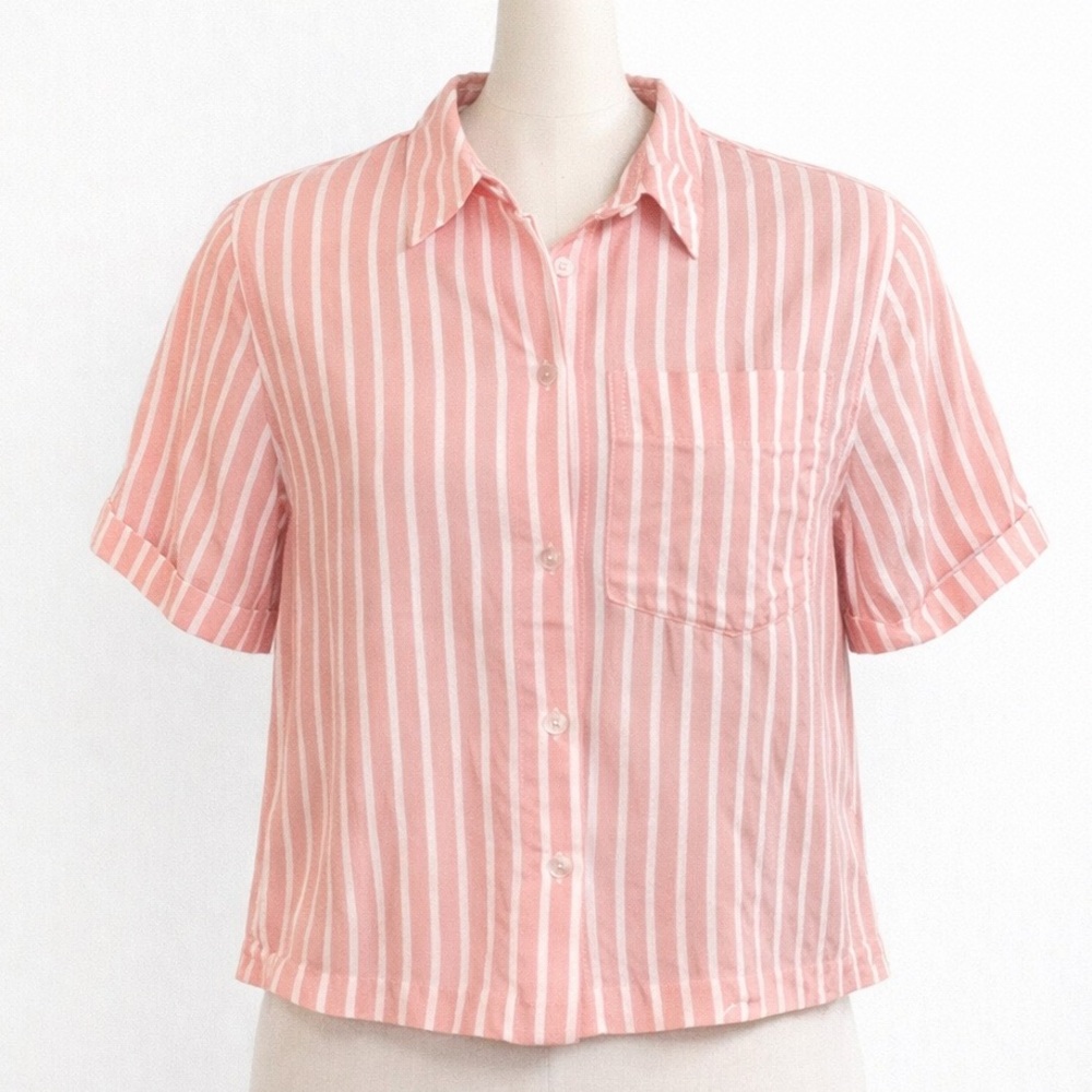 Lola River Pink White Striped Button‎ Down Shirt Small Crop